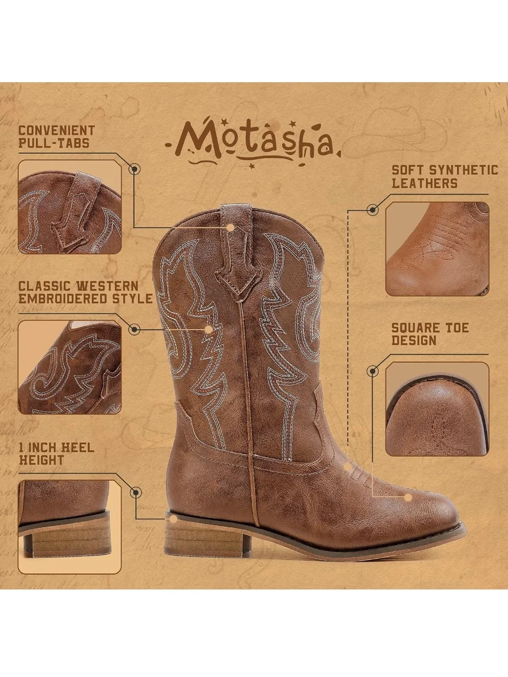 Motasha Boy’s/Girl’s Brown Western Cowboy Boots - Classic Stitch Detail